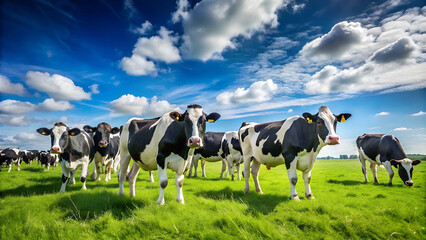 a herd of cows in a field with a sky in the background