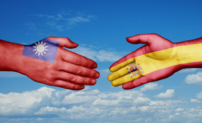 Spain and Taiwan country handshaking with flags, consensus concept international co-operation illustration
