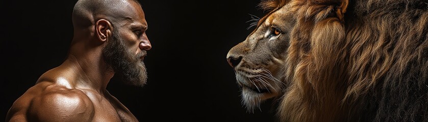 Naklejka premium Muscular man and a fierce lion, powerful and dramatic sidebyside portrait