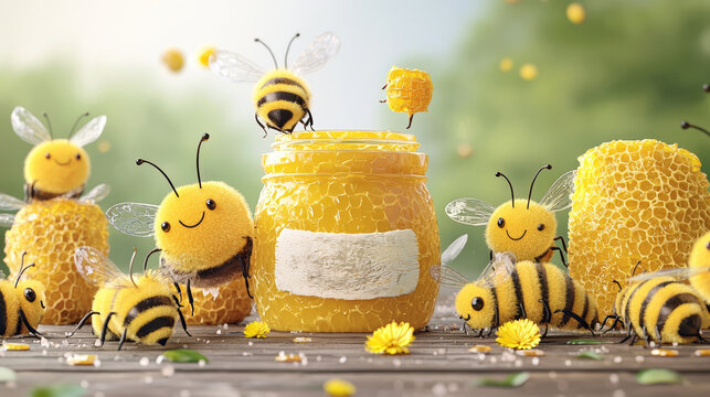 A group of playful bees with cheerful smiles, accompanied by beehives and a sweet jar of honey labeled 'Honey.'
