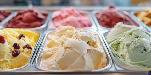 Colorful selection of delicious ice cream flavors in metal trays, showcasing creamy textures and vibrant colors.