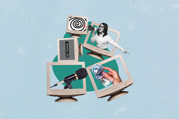 Trend artwork 3D sketch image photo collage of fake news propaganda manipulate young lady leader talk megaphone computer screen microphone