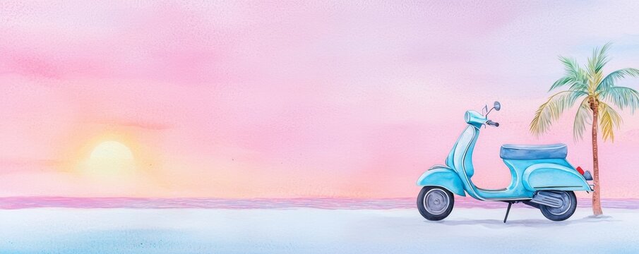 A minimalist tropical beach scene with a vintage scooter, palm trees, and a radiant sunset, capturing the perfect blend of nostalgia and island vibes.