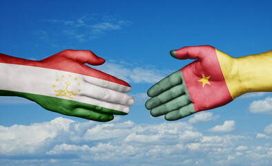 Cameroon and Tajikistan country handshaking with flags, consensus concept international co-operation illustration