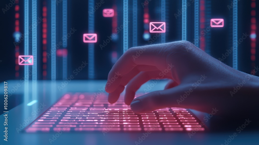 Poster hand typing on digital keyboard with glowing emails in a futuristic setting.