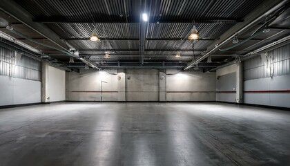 Obraz premium an empty concrete garage. The well-lit space features clean walls, a polished concrete floor, and modern hanging lamps, creating a minimalist and functional design.