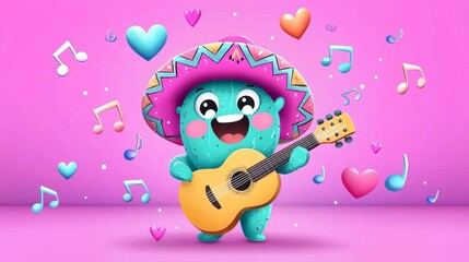 Fototapeta premium A playful cactus in a sombrero, passionately playing a guitar as hearts and music notes float around.