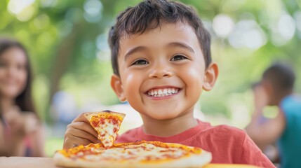 Happy child enjoying pizza outdoors in a vibrant setting.