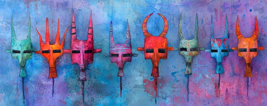 A repeating motif of expressive tribal masks and dancing figures, capturing the essence of ancient cultures and their spiritual symbols.