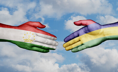 Mauritius and Tajikistan country handshaking with flags, consensus concept international co-operation illustration