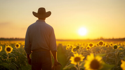 Fototapeta premium Cowboy admiring a sunset over a sunflower field