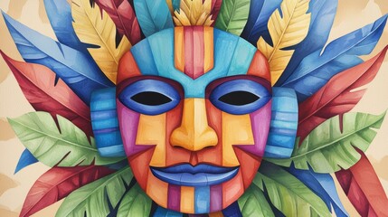 A vibrant and intricately detailed tribal mask with bold colors, exaggerated features, and traditional wooden carvings, exuding an air of mystery.