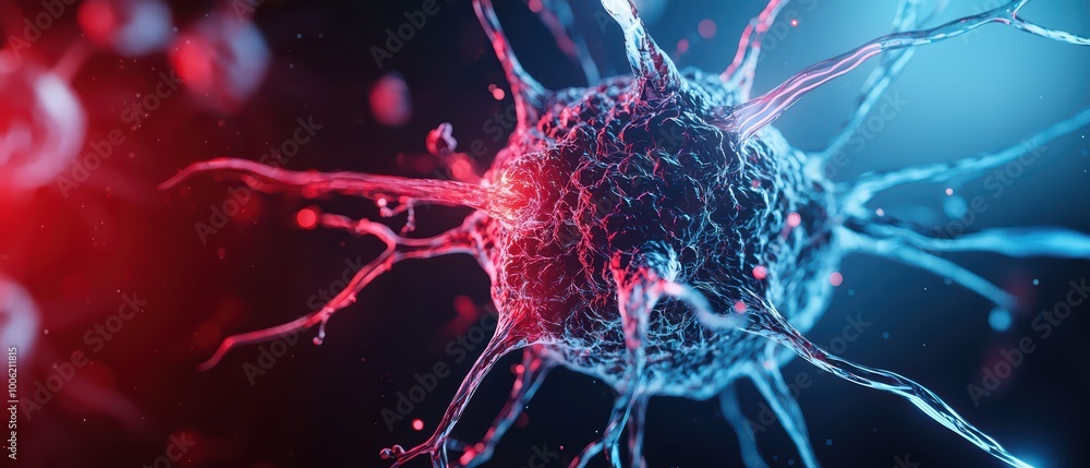 Poster microbial cell on a colorful background, showing intricate details of structure.