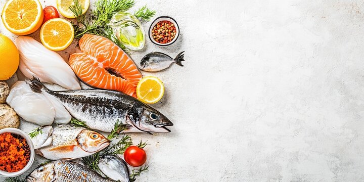 Fresh seafood assortment with citrus fruits and herbs on a light background, perfect for culinary and health-related projects.