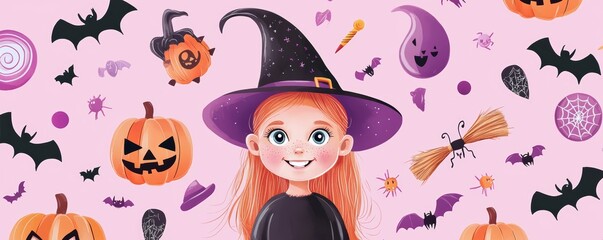 Fototapeta premium Adorable child dressed as a tiny witch, surrounded by Halloween icons like pumpkins, bats, and a broomstick.