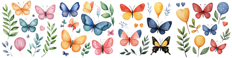 Colorful butterflies and leaves arranged in a beautiful pattern on a white isolate background.