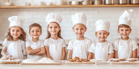 Happy children in chef outfits showcase their baking skills, surrounded by delicious treats in a bright kitchen.