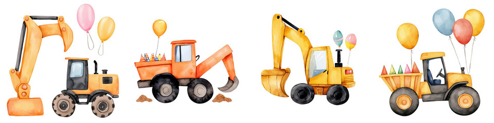 Colorful construction vehicles with balloons on a white isolated background.