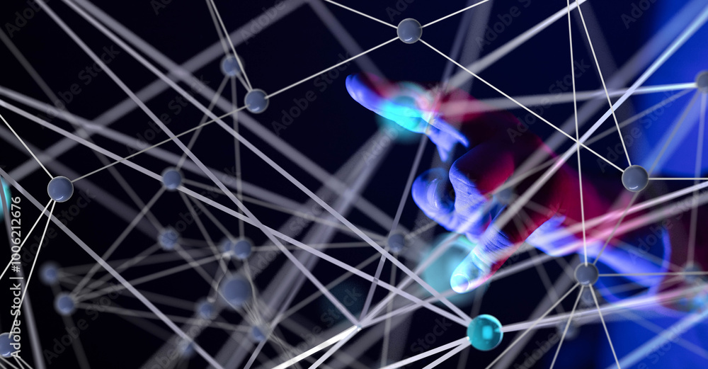 Poster Global network. Blockchain. 3D illustration. Neural networks and artificial intelligence. Abstract