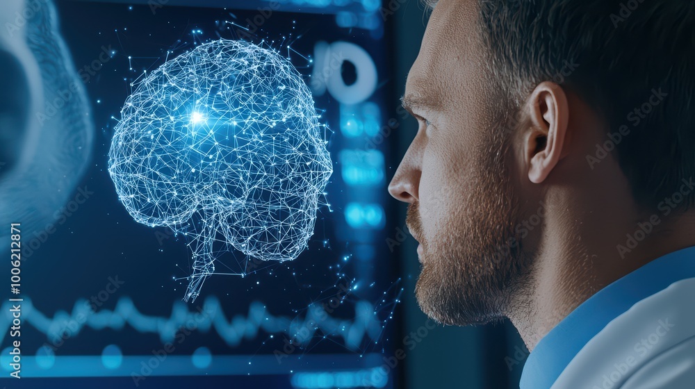 Aufkleber profile of a scientist observing a digital brain visualization.