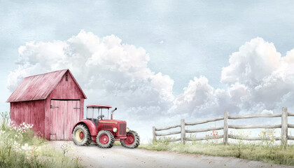Obraz premium Farm life scene with a vintage red tractor, wooden fence, barn, and fluffy clouds in a watercolor style.