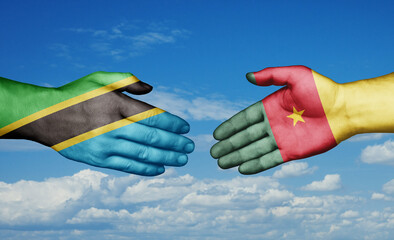 Cameroon and Tanzania country handshaking with flags, consensus concept international co-operation illustration