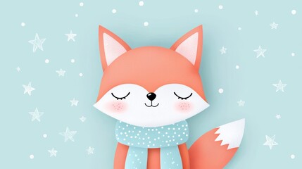 Illustration of a joyful fox with rosy cheeks, wearing a scarf as stars twinkle around in the peaceful night.