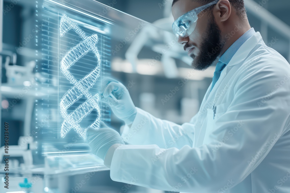 Poster scientist analyzing dna structure in modern laboratory.