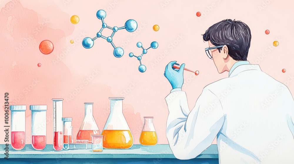 Poster scientist experimenting with various colorful liquids in laboratory setup.