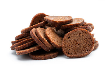 Rye bread crackers in paper bowl isolated on white background