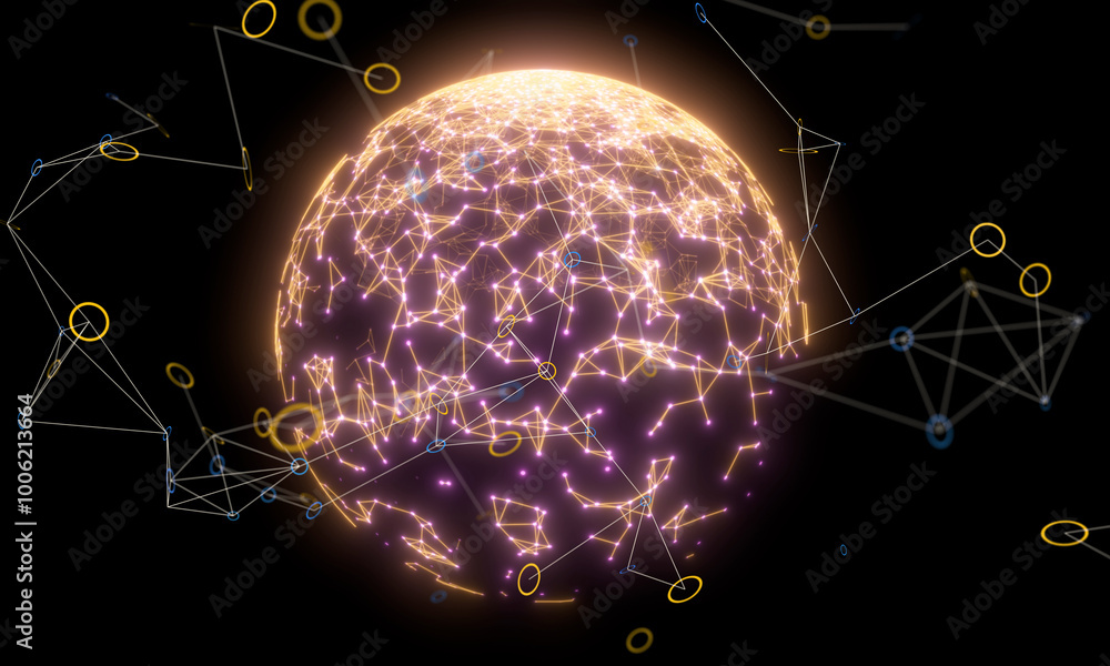 Aufkleber Neural network 3D illustration. Big data and cybersecurity - connection