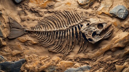 Fish skeleton fossil on soil stratigraphic limestone for archeologist research