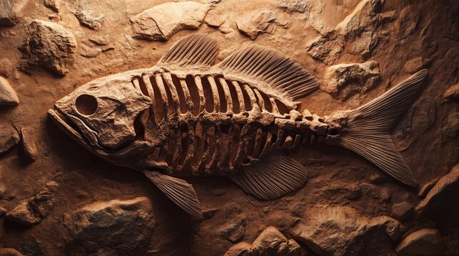 Fish skeleton fossil on soil stratigraphic limestone for archeologist research