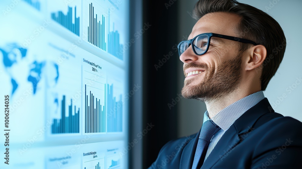Poster smiling businessman analyzing data insights on a modern screen.