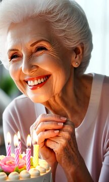 Femme &acirc;g&eacute;e avec les cheveux blancs en chignon, souriant devant les bougies de son g&acirc;teau d'anniversaire, pr&ecirc;te &agrave; les souffler