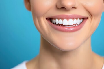 Fototapeta premium Smiling woman with perfect teeth against a blue background.