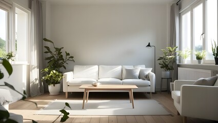 A serene Scandinavian living room with a white sofa