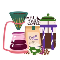 Coffee retro vector stickers set. Abstract posters for the kitchen and coffee shop. Coffee makers, coffee beans in a bag, in kraft paper, latte in a paper cup