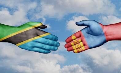 Mongolia and Tanzania country handshaking with flags, consensus concept international co-operation illustration