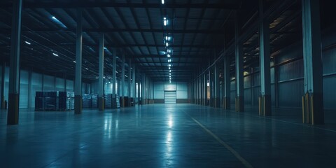 Obraz premium Spacious and empty warehouse with polished concrete floor and bright industrial lights, ideal for storage or logistics.