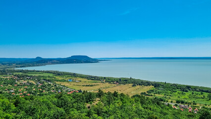 Panoramic aerial view of Balaton lake seen from observation tower Padkui Kilato in Balatongyorok,...