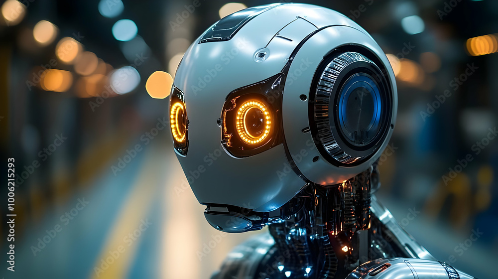 Poster futuristic robot with glowing eyes in a factory setting