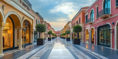 Obraz premium Stunning outdoor shopping street lined with stylish boutiques and beautiful architecture under a serene sky.