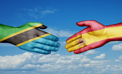 Spain and Tanzania country handshaking with flags, consensus concept international co-operation illustration