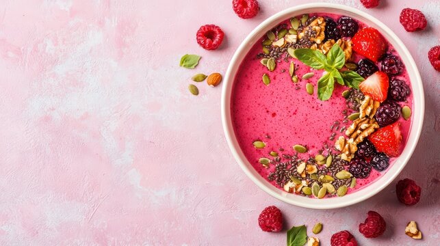 Vibrant smoothie bowl topped with fruits, seeds, and nuts on a pink background.
