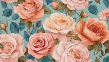 Summer blossoming delicate roses on blooming flowers festive background, pastel and soft bouquet floral card. seamless wallpaper Created with Generative AI technology.