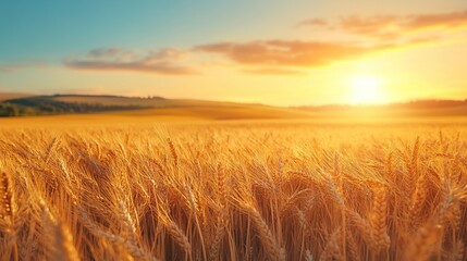 Naklejka premium A detailed close-up panoramic view of golden wheat fields gently swaying in the breeze under a clear azure sky during a vibrant sunset. Warm sunlight casts a golden glow over the landscape.