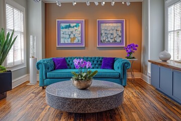 A vibrant living room with cedar wood flooring, taupe walls, and a cerulean blue sofa A round granite coffee table, lavender frames, and orchids A contemporary white LED track lighting