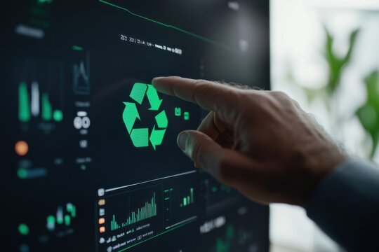 Businessman analyzing recycling data on a digital screen