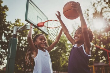 Two kids playing basketball outdoors trying to score